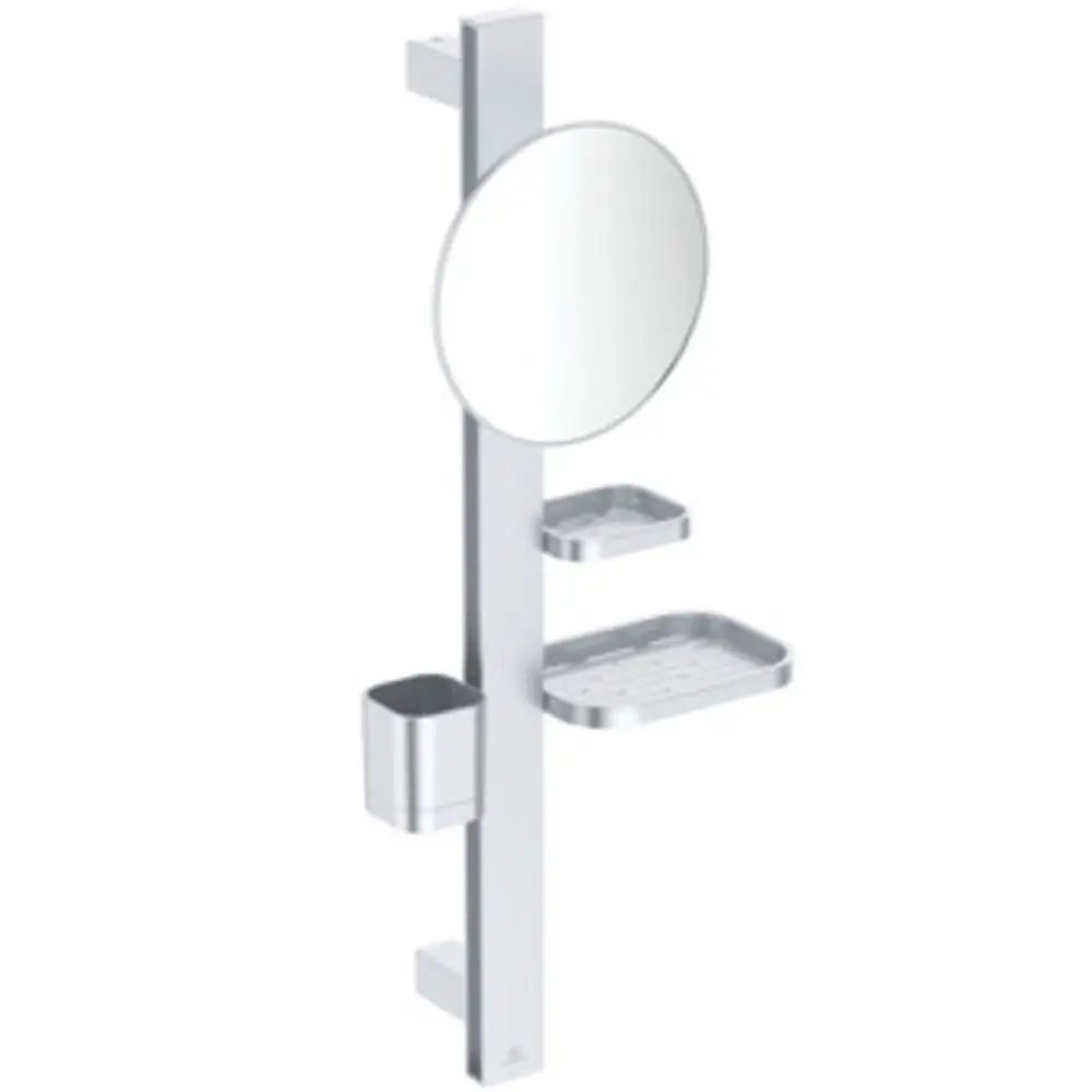 Vertikale Halterung in Silber von Ideal Standard mit runden Spiegel, Ablagen und Behälter für Kosmetikaccessoires. Geeignet für den Einsatz im Badezimmer.